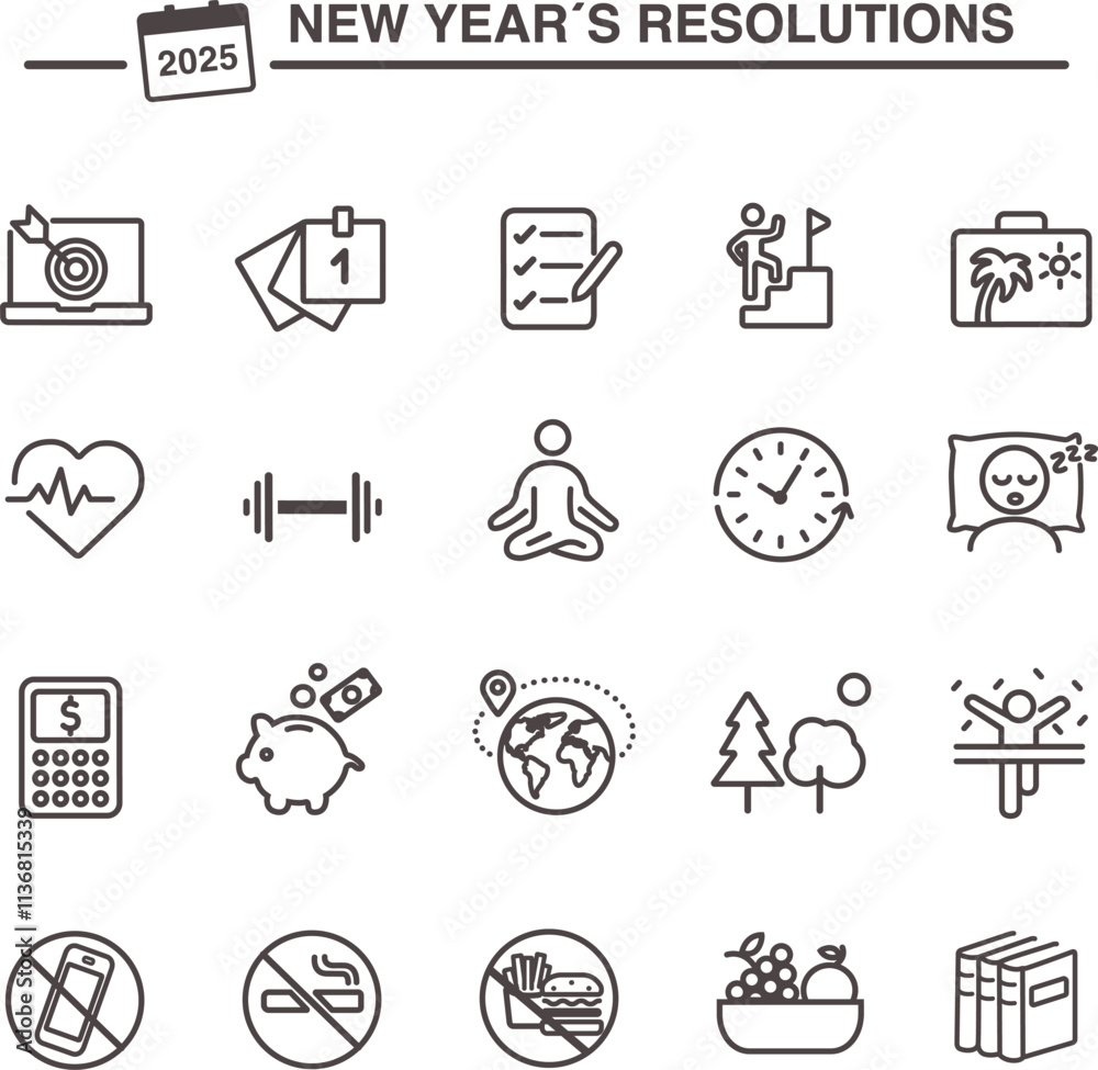 Fototapeta premium New year´s resolutions icon set. Personal goals, healthy habits. Vector line icons with editable stroke.