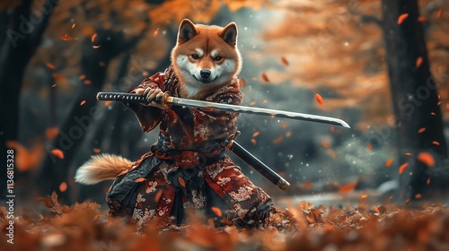 Shiba Inu Dog as Samurai Warrior in Battle Pose with Katana

 photo