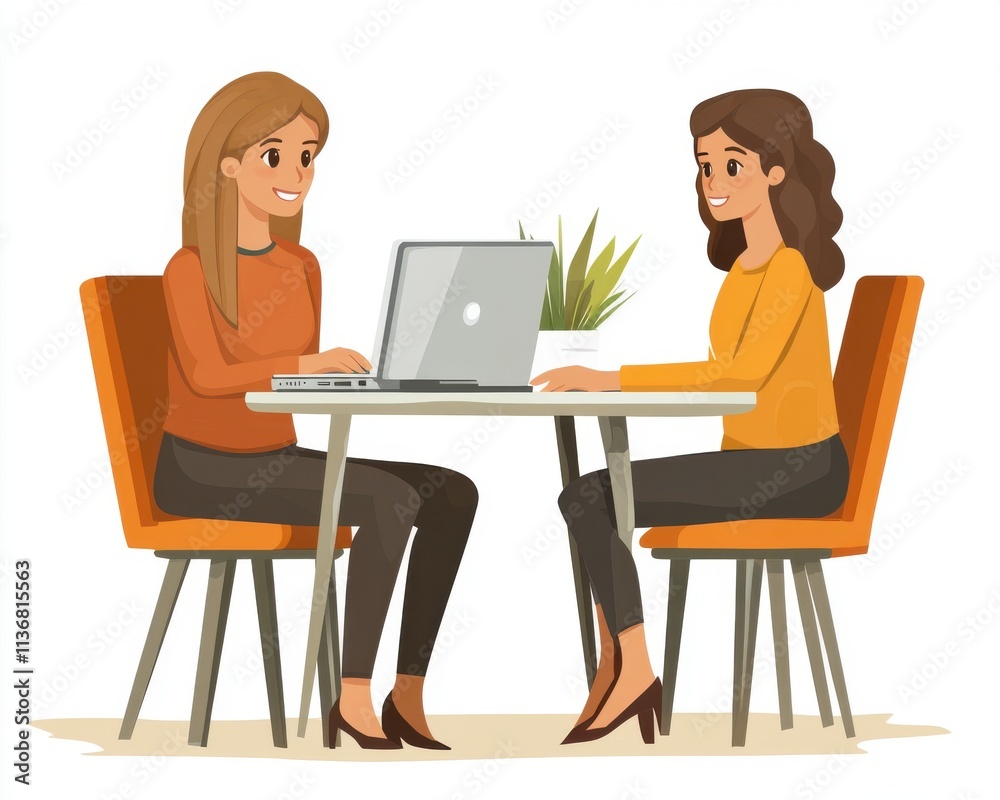 Two smiling women working together at a table with a laptop, showcasing collaboration and creativity. Two smiling women working together at a table with a laptop, showcasing collaboration and creativity.