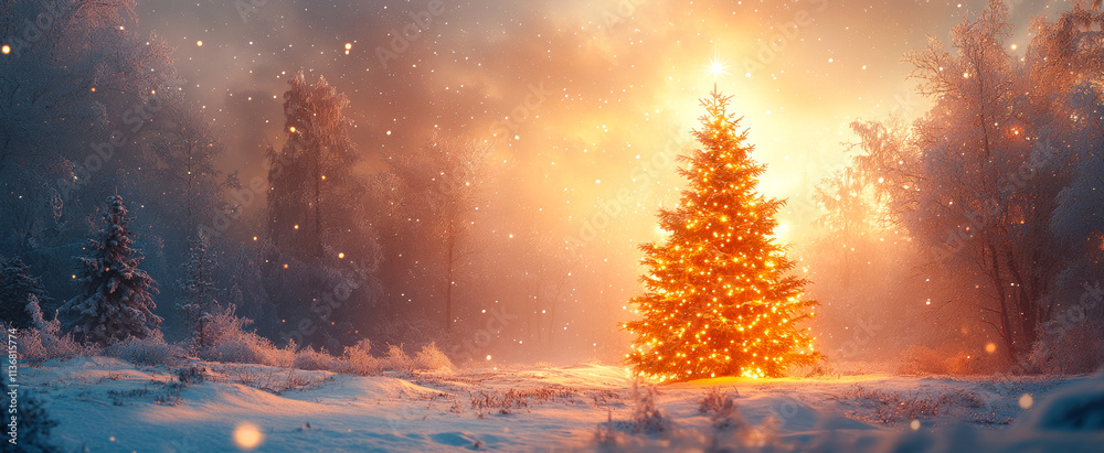 Beautifully lit Christmas tree in a snowy forest. A glowing Christmas tree stands in a snowy forest during twilight, surrounded by softly falling snowflakes. Beautifully lit Christmas tree in a snowy forest. A glowing Christmas tree stands in a snowy forest during twilight, surrounded by softly falling snowflakes.