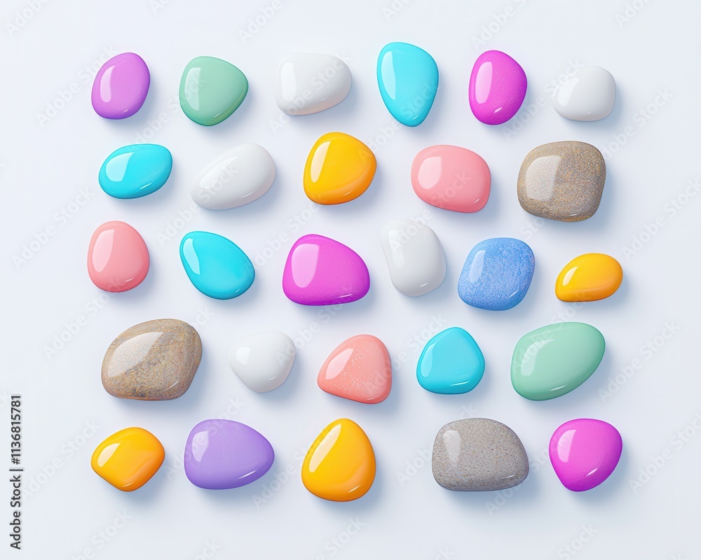 Colorful collection of smooth pebbles in varying shapes and vibrant hues on a light background. Colorful collection of smooth pebbles in varying shapes and vibrant hues on a light background.