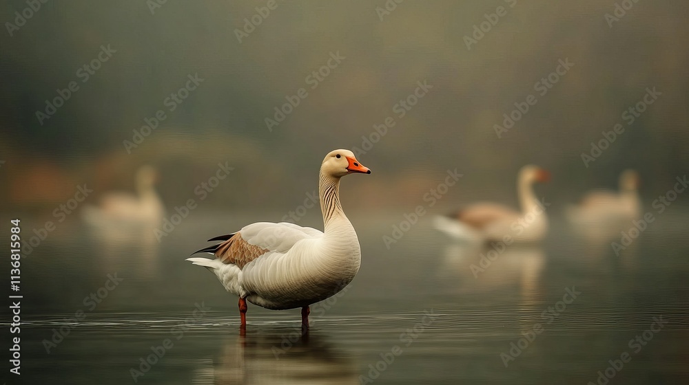 A graceful grey goose stands in tranquil water with a misty backdrop, creating a serene atmosphere. A graceful grey goose stands in tranquil water with a misty backdrop, creating a serene atmosphere.