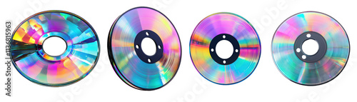 Reflective Compact Discs: Vibrant Holographic CD Designs for Data Storage and Multimedia Collections PNG Icon on transparent background