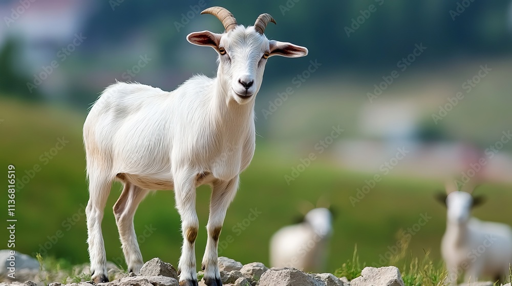 A curious white goat stands on rocky terrain, surrounded by a blurred green background. A curious white goat stands on rocky terrain, surrounded by a blurred green background.