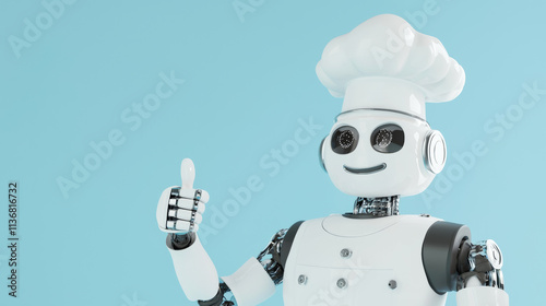 Robot chef giving approval in a colorful kitchen. A friendly robot chef stands against a light blue background, smiling and giving a thumbs up as if endorsing a dish. photo