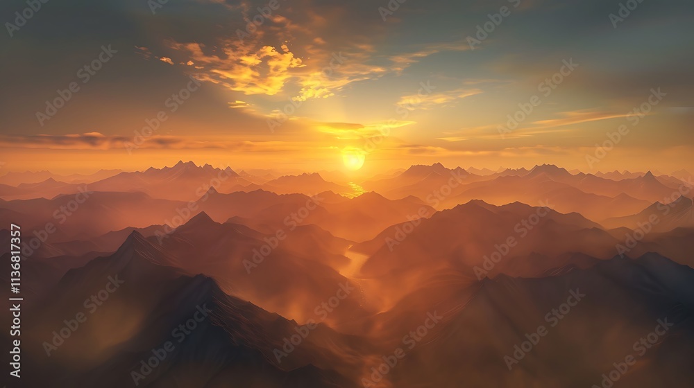 A stunning sunrise over a range of mountains, with the first light of day illuminating the peaks and valleys in a golden glow A stunning sunrise over a range of mountains, with the first light of day illuminating the peaks and valleys in a golden glow