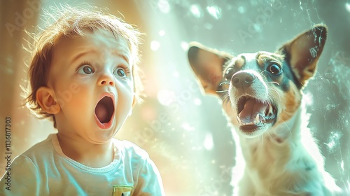 A young boy with wide eyes and an open mouth looks at the camera, while a dog with a happy expression sits beside him. The background is blurred and has an abstract, circular pattern of golden light.
 photo