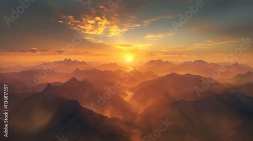 A stunning sunrise over a range of mountains, with the first light of day illuminating the peaks and valleys in a golden glow