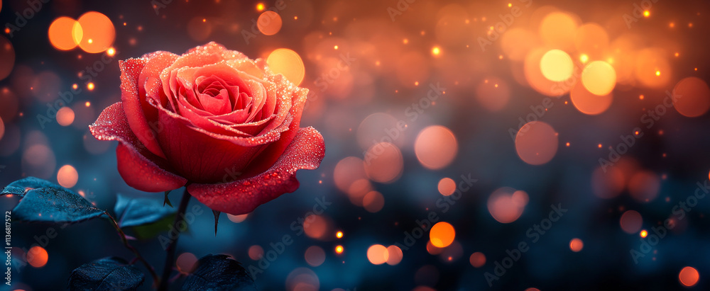 Red rose lit by soft glowing lights. A vibrant red rose stands out, adorned with droplets, surrounded by glowing lights in a dreamy background. Red rose lit by soft glowing lights. A vibrant red rose stands out, adorned with droplets, surrounded by glowing lights in a dreamy background.