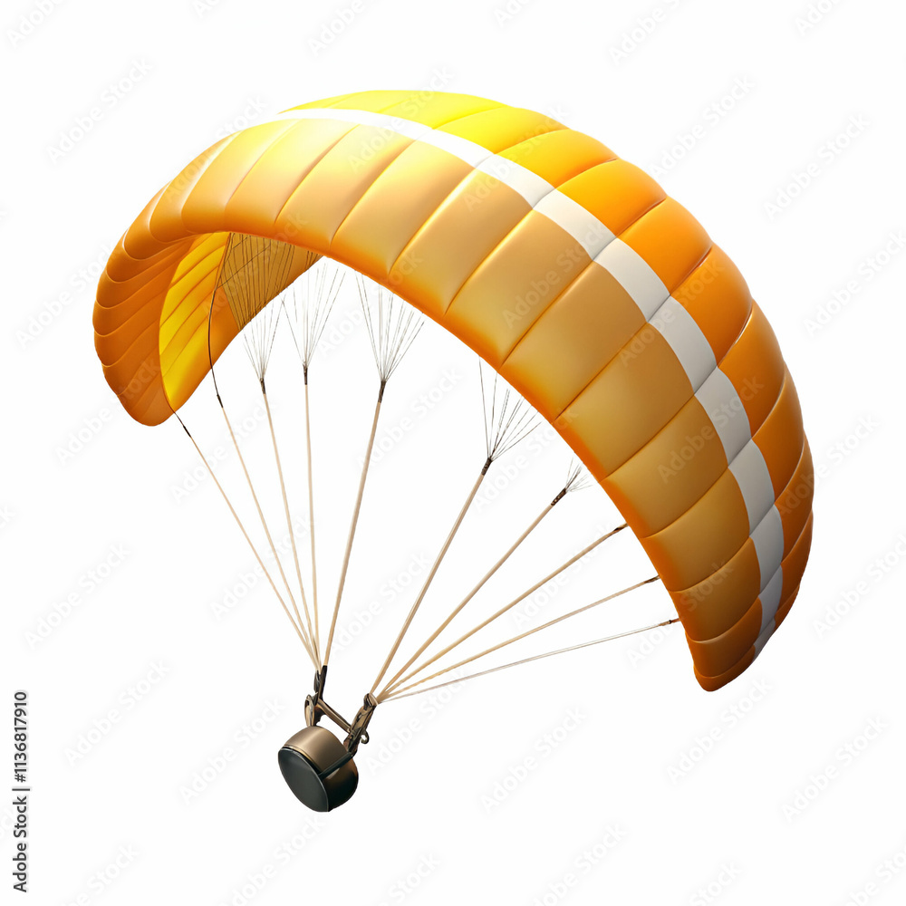 Obraz premium vehicle Bright yellow parachute with white stripes, designed for aerial sports or recreational activities, suspended in mid-air.