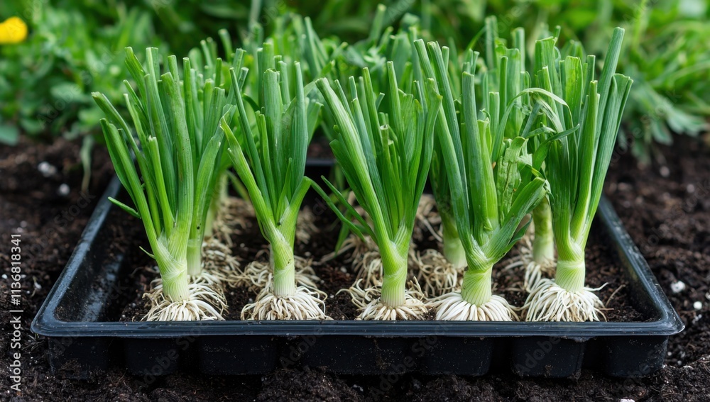 Obraz premium Bright green onions sprouting from rich soil, showcasing the beauty of fresh ingredients and nature's bounty.