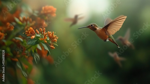 A colorful hummingbird gracefully hovering near vibrant orange flowers, basking in the soft, warm light of an enchanting garden.