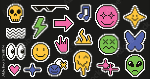 Pixel art emoji stickers. Retro pixelated 8 bit Y2K symbols, cool glasses, arrow, lightning bolt, flame and looking eyes. Skull, smile bomb, alien face and happy spark face. Vector icons set.
