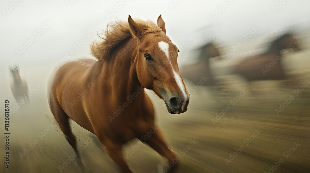 Fototapeta premium A spirited brown horse gallops through a misty field, surrounded by blurred figures of other horses in motion.
