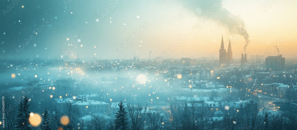 Obraz premium Snowy city winter sunrise landscape.