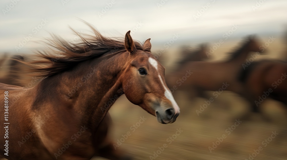 Obraz premium A powerful brown horse gallops freely through a wild landscape, mane flowing in the wind, embodying freedom and grace.