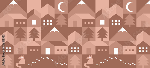 Demonstrating Mocha mousse color of the year 2025. Abstract geometric monochrome background. Brown beige color trendy concept. Christmas, new year puzzle, card. Forest landscape
