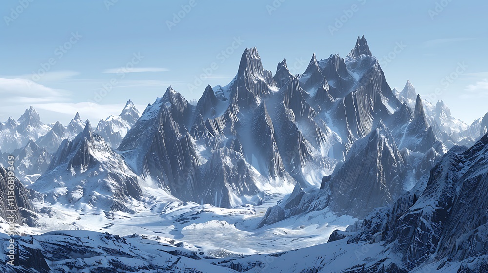 Obraz premium High alpine mountains with sharp, jagged peaks, covered in patches of snow and ice, under a clear, crisp sky