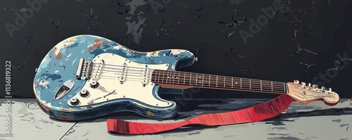 Vintage electric guitar with red strap resting on textured concrete floor