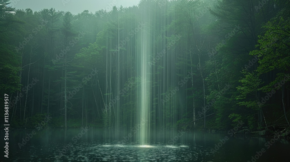 A serene waterfall surrounded by misty forest, creating a tranquil atmosphere. A serene waterfall surrounded by misty forest, creating a tranquil atmosphere.