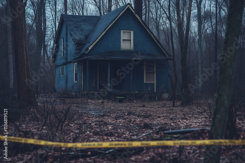 Try crime. Abandoned house in the woods with caution tape outside, crime scene.