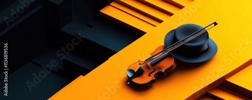 Minimalistic 3D music poster featuring violin and hat on vibrant backdrop