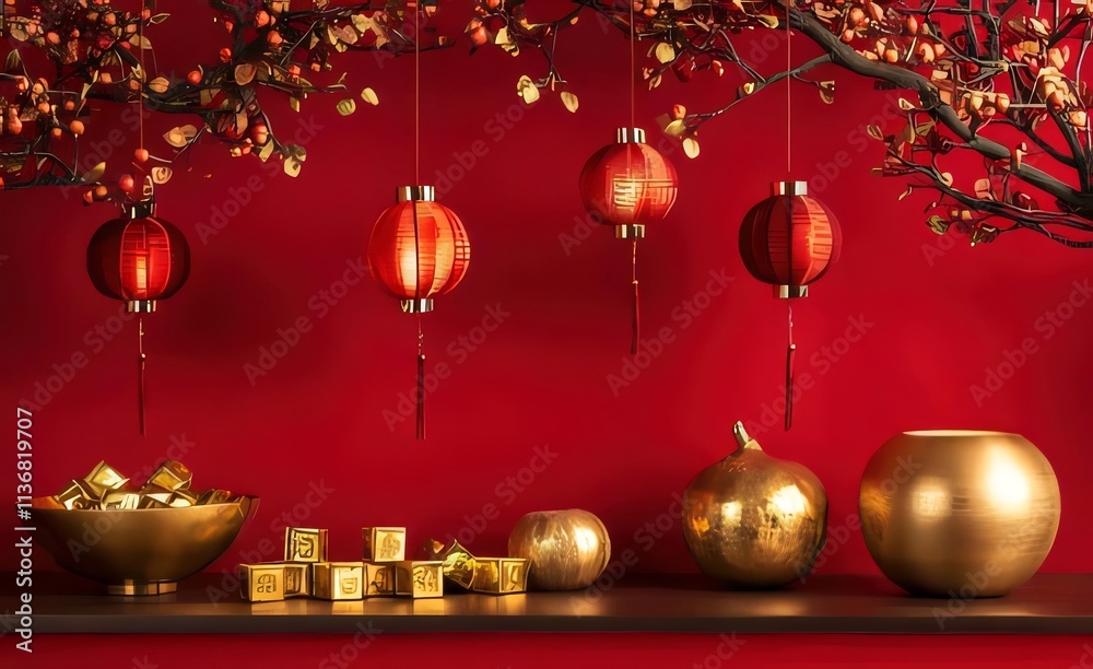 Red background with hanging lanterns, gold ornaments, and branches. Red background with hanging lanterns, gold ornaments, and branches.