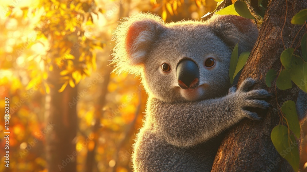 Fototapeta premium Adorable koala joey clinging to a tree trunk at sunset.
