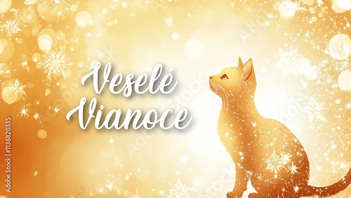 Festive Cat-Themed Christmas Background with Veselé Vianoce Wish in Slovak, Featuring Cute Cats and Holiday Cheer photo