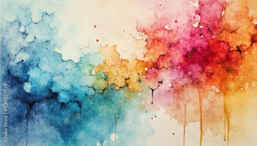 Fototapeta premium Abstract watercolor painting with vibrant blue, orange, pink, and red colors