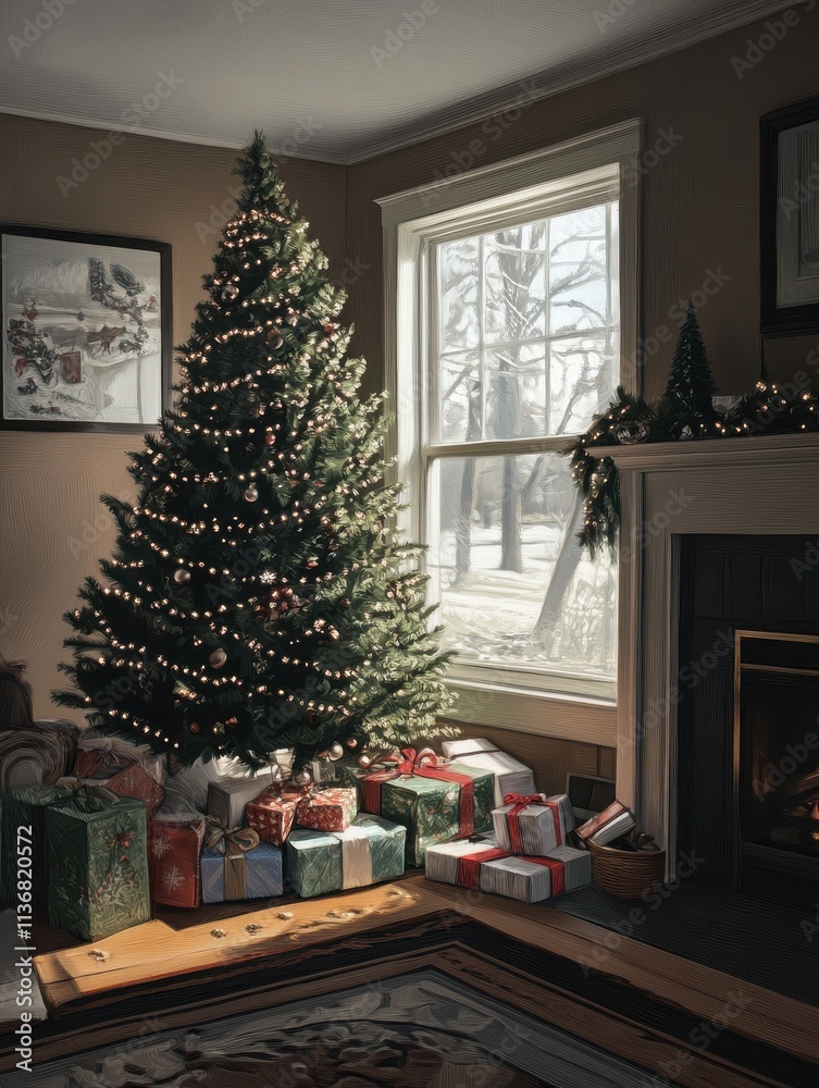 A decorated Christmas tree in a living room with presents underneath and a fireplace to the right. A decorated Christmas tree in a living room with presents underneath and a fireplace to the right.