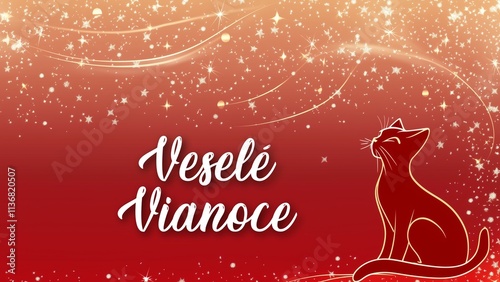 Festive Cat-Themed Christmas Background with Veselé Vianoce Wish in Slovak, Featuring Cute Cats and Holiday Cheer photo