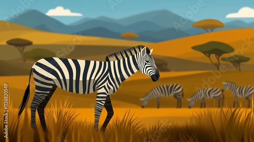 A majestic zebra stands in golden grass, with a herd grazing in the background against a serene landscape.