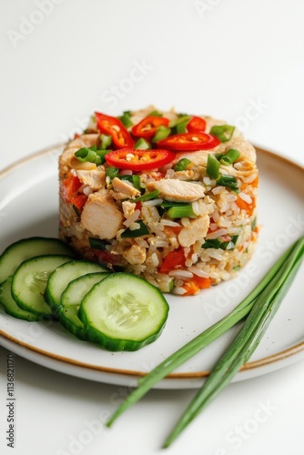 A vibrant plate of chicken fried rice garnished with fresh vegetables and chili, ready for an enticing meal.