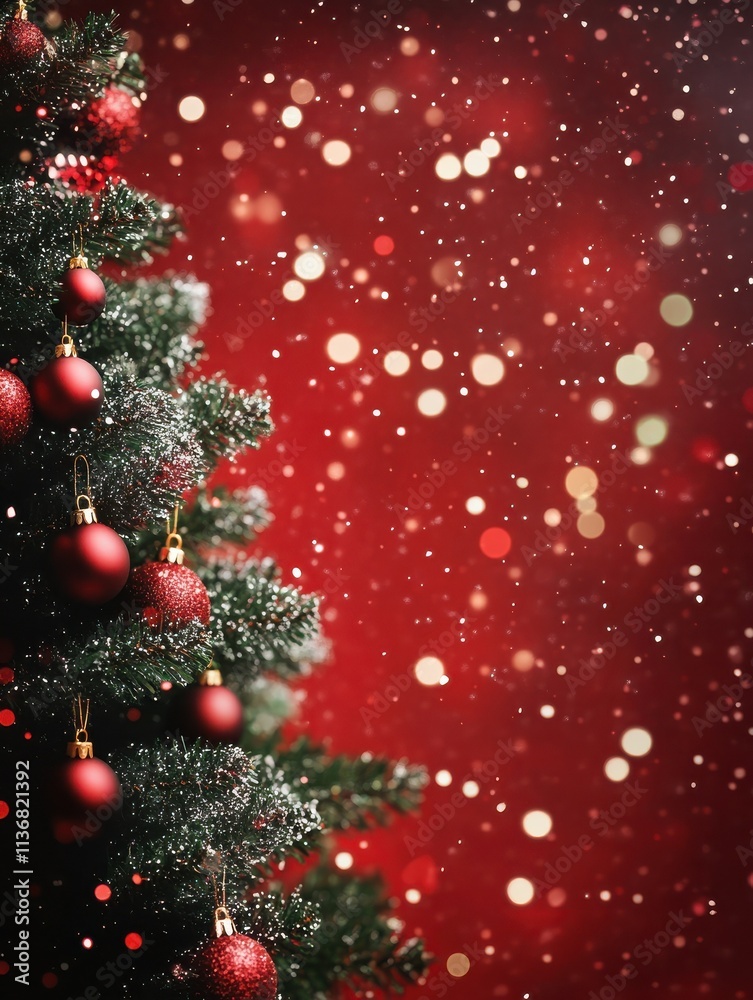 Christmas background with xmas tree and sparkle bokeh lights on red canvas background. Merry christmas card. Winter holiday theme. Happy New Year. Space for text Christmas background with xmas tree and sparkle bokeh lights on red canvas background. Merry christmas card. Winter holiday theme. Happy New Year. Space for text