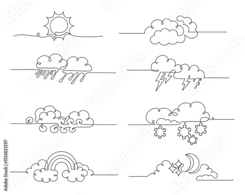 Continuous one line weather dividers. Minimalist linear weather forecast designs for sunny day, cloudy night, rain and snow, thunderstorm and windy weather, rainbow horizontal separator vector set.