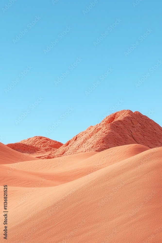 Vibrant orange sand dunes under a clear blue sky, showcasing the tranquil beauty of a desert landscape. Vibrant orange sand dunes under a clear blue sky, showcasing the tranquil beauty of a desert landscape.