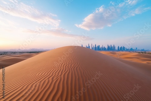 A serene view of rolling sand dunes at sunset with a skyline of modern skyscrapers in the background.