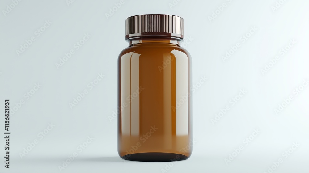 Brown glass jar with a metal cap isolated on a pale background, perfect for product packaging, herbal supplements, or cosmetic applications offering a sleek design Brown glass jar with a metal cap isolated on a pale background, perfect for product packaging, herbal supplements, or cosmetic applications offering a sleek design