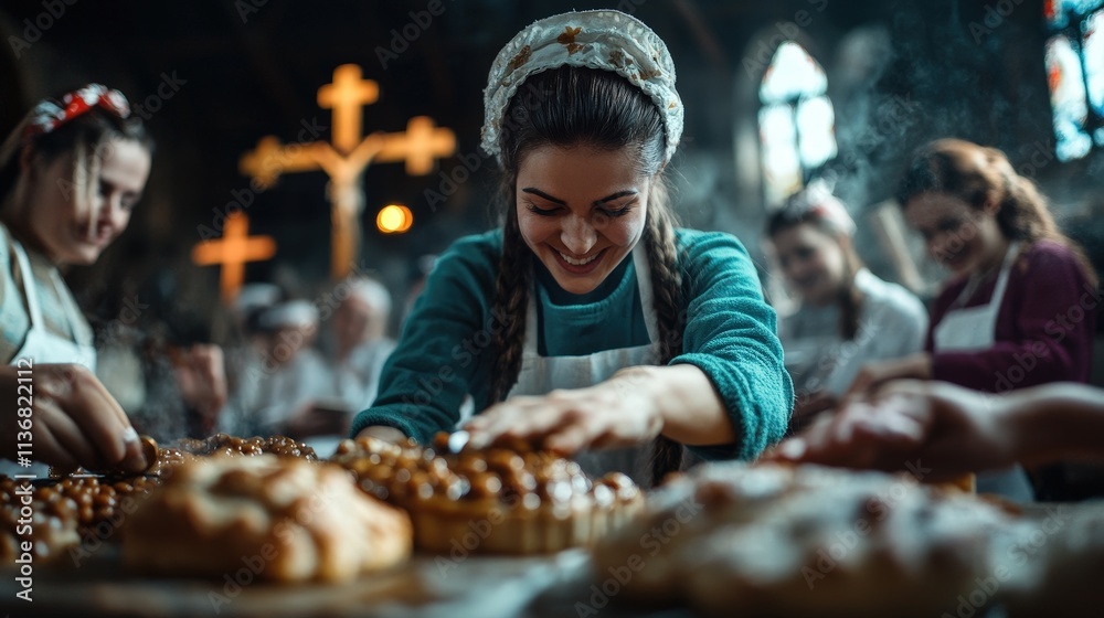 A vibrant indoor scene showing joyful women engaged in baking, with freshly made pastries displayed, highlighting camaraderie, creativity, and the joy of cooking. A vibrant indoor scene showing joyful women engaged in baking, with freshly made pastries displayed, highlighting camaraderie, creativity, and the joy of cooking.