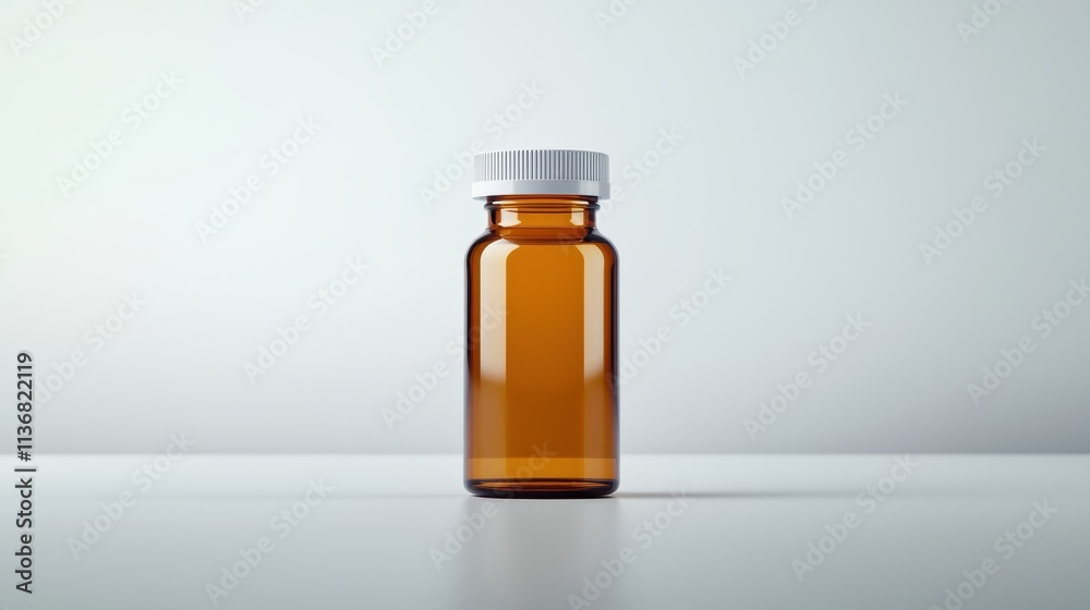 Clear Glass Amber Bottle with White Cap on a Minimalist Background for Pharmaceutical, Cosmetic, or Dietary Supplement Products Display Clear Glass Amber Bottle with White Cap on a Minimalist Background for Pharmaceutical, Cosmetic, or Dietary Supplement Products Display