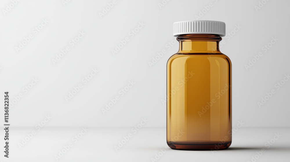 Empty amber glass bottle with white screw cap on a clean surface, ideal for pharmaceutical or cosmetic product presentation and branding purposes Empty amber glass bottle with white screw cap on a clean surface, ideal for pharmaceutical or cosmetic product presentation and branding purposes
