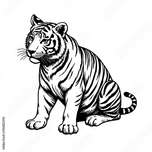 Bengal tiger in vintage black and white sketch, wildlife conservation photo