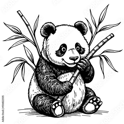 Panda happily eating bamboo in a charming black and white sketch, wildlife conservation
