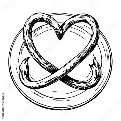 Vintage sketch of infinite loop pretzel on plate, Pi Day celebration