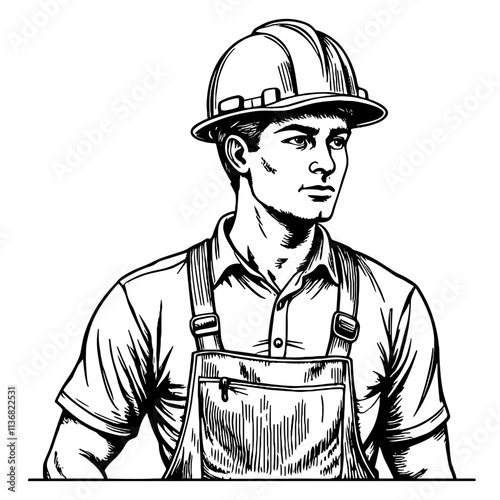Determined construction worker in vintage sketch style, Labor Day tribute