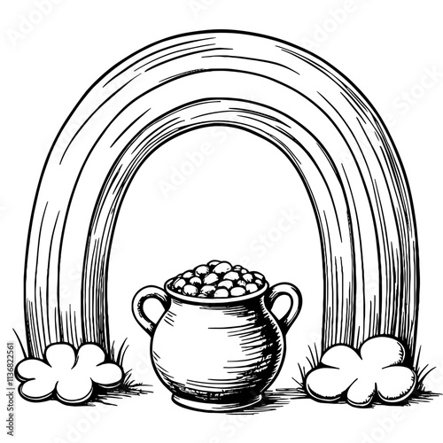 Vintage black and white sketch of pot of gold under rainbow, St. Patrick's Day