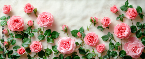 Beautiful pink roses arranged with green leaves. Soft pink roses of varying sizes are elegantly arranged with lush green leaves, creating a serene floral display.