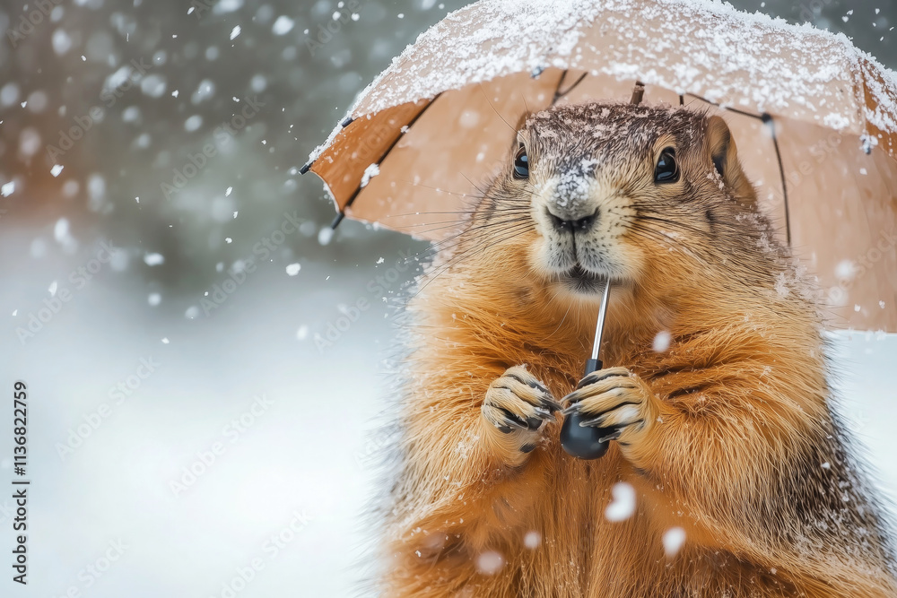 American February 2 scene: marmot in snow with umbrella, symbolic Groundhog Day with meteorological lore American February 2 scene: marmot in snow with umbrella, symbolic Groundhog Day with meteorological lore