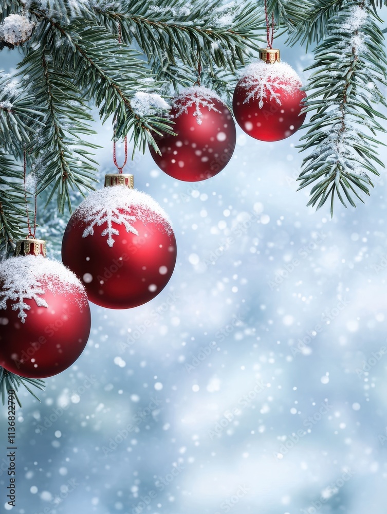 christmas and new year holidays concept. Red balls on fir branches, winter snowy backdrop. festive winter season background. template for design. banner, copy space christmas and new year holidays concept. Red balls on fir branches, winter snowy backdrop. festive winter season background. template for design. banner, copy space